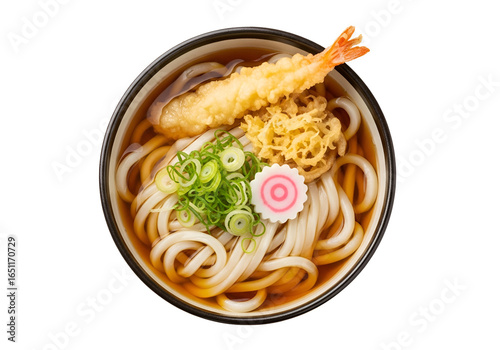 Delicious bowl of Japanese udon noodles with tempura and garnishes in a traditional presentation