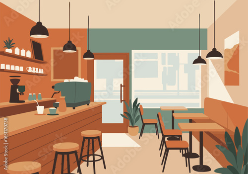 Cozy Modern Coffee Shop Interior Illustration with Warm Tones