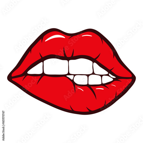 Sexy Red Lips Biting Pop Art Vector