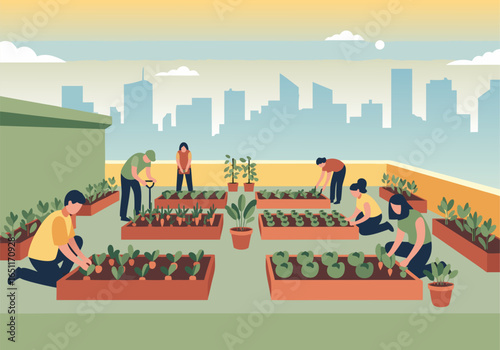 Urban Rooftop Gardening: Community Growing Vegetables and Herbs on City Building, Sustainable Living Illustration