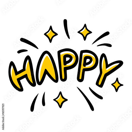 Bright yellow 'HAPPY' lettering bursts with vibrant energy and sparkling stars, capturing pure joy and celebration for any positive occasion or design.