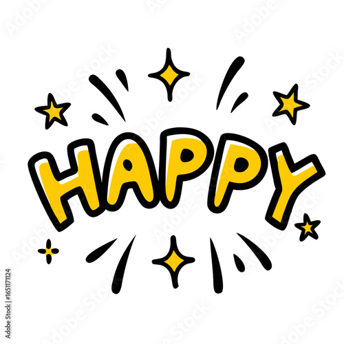Radiant yellow 'HAPPY' lettering bursts with celebratory stars and dynamic lines, perfect for conveying joy and excitement in any vibrant design project, bringing cheer to your audience.