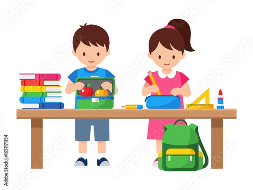 School Time Preparations: Two animated students stand beside a wooden desk, one opening their lunch box, and the other organizing her pencil case. Ready for a fresh start of learning.