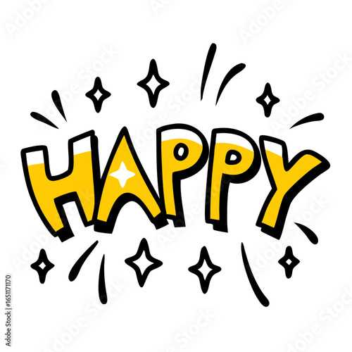Radiant 'HAPPY' text bursts with vibrant yellow and sparkling star accents, radiating joy and celebration for any cheerful occasion or design.