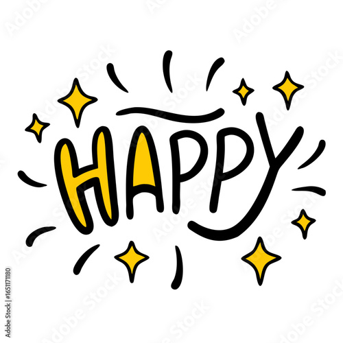 Celebrate joy and positivity with this vibrant "Happy" lettering surrounded by sparkling stars and radiating lines, perfect for conveying cheerful messages and festive occasions.