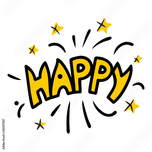 Bright yellow 'HAPPY' lettering bursts with celebratory stars and dynamic lines, perfect for conveying joy, success, and positive vibes in any design project.