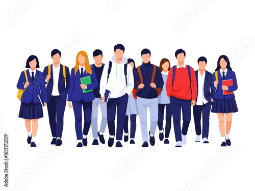 Students United: A collective of students walks forward with books, reflecting youthful energy and the pursuit of education. The image underscores the spirit of learning.
