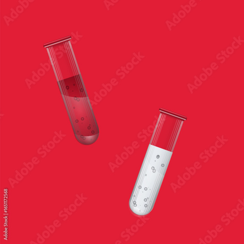 Realistic test tubes vector, glass beakers with red liquid, with transparent liquid, blood, transparent chemical laboratory flask with liquid