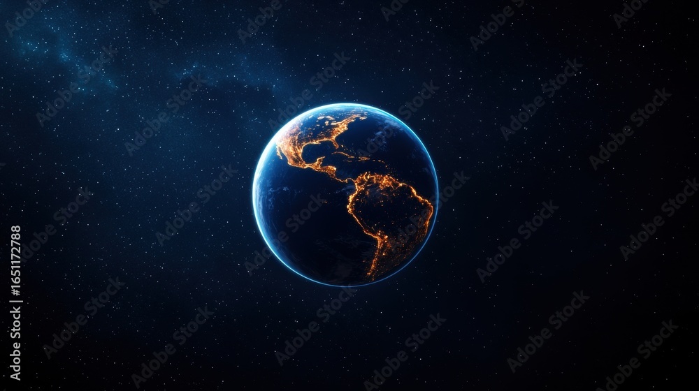 Obraz premium Illuminated Earth from Space with Starry Background
