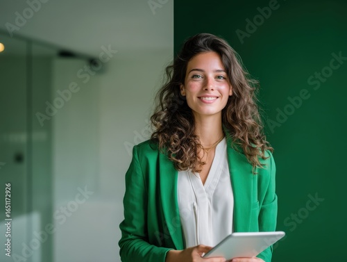 Woman tablet business professional corporate portrait green jacket