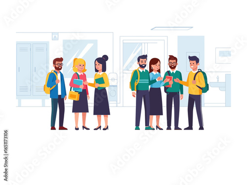 Gathering in University Corridor: A vibrant illustration showcases students socializing and engaging in various activities within a university corridor.