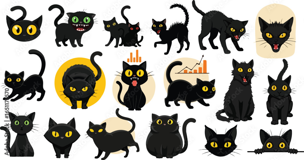 Obraz premium Cute Black Cat Cartoon Set with Funny Expressions and Poses on White Background