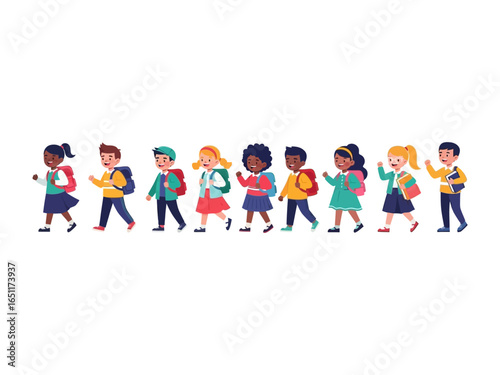 School Children Walking: A diverse group of elementary school children, each carrying a backpack, stroll together, embodying the spirit of learning, exploration, and the joy of education. 