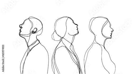 Continuous line drawing of three people looking up artistic minimalist vector illustration design art