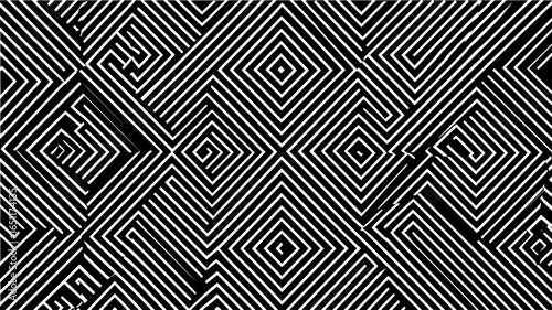 Abstract optical illusion art with black and white geometric shapes and maze like patterns design element