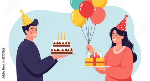 Couple celebrating birthday with cakes and balloons