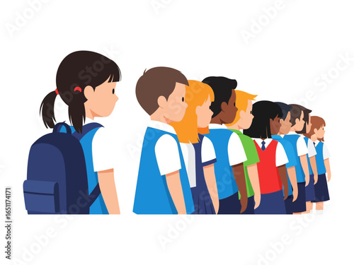 Alone among the group: An illustration depicting a young girl isolated, standing apart from a line of children.