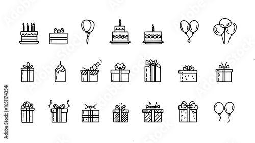 Birthday party vector icons set cake gifts balloons celebration design elements for graphic resource one hundred