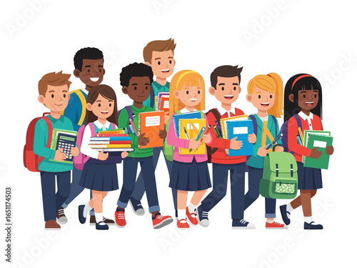 Back-to-School Brigade: A vibrant illustration captures a diverse group of students happily walking together with books and backpacks, symbolizing the excitement of the school year.