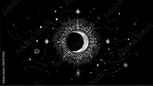 Celestial moon sun stars astrology black and white mystical night sky design vector illustration art