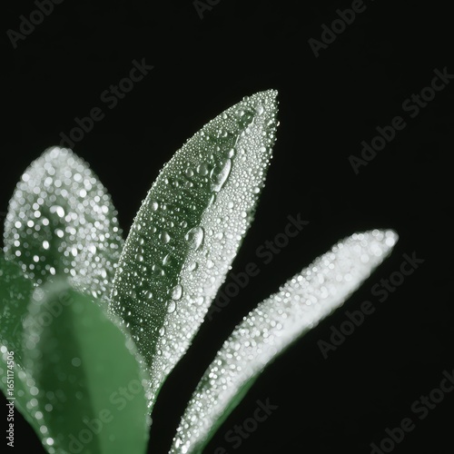 Raindrops lingering on tropical leaves at dawn