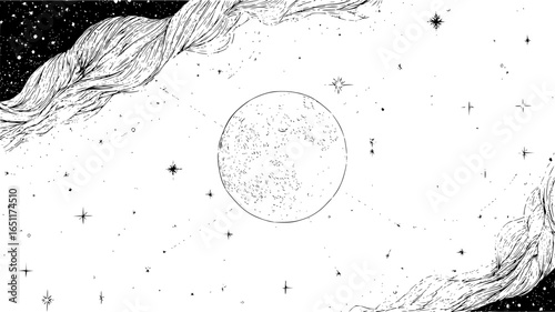 Black and white moon phases celestial art print night sky stars astrology drawing space artwork design vector