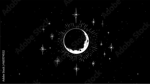 Black and white moon phases with stars and light rays celestial night sky vector illustration art print