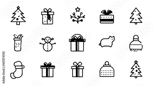 Christmas holiday icons vector set christmas tree gift box snowman stocking winter hat cat outline design