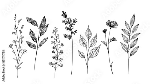 Botanical line art drawing of flowers and plants vector illustration nature design floral elements set design