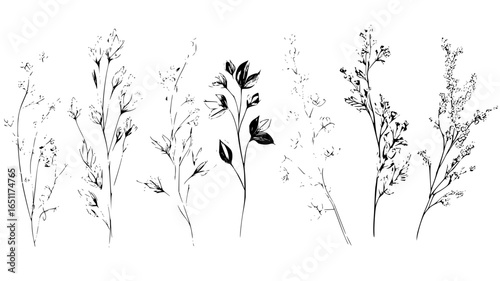 Black and white botanical drawing of wild plants and herbs for nature illustration and floral design art