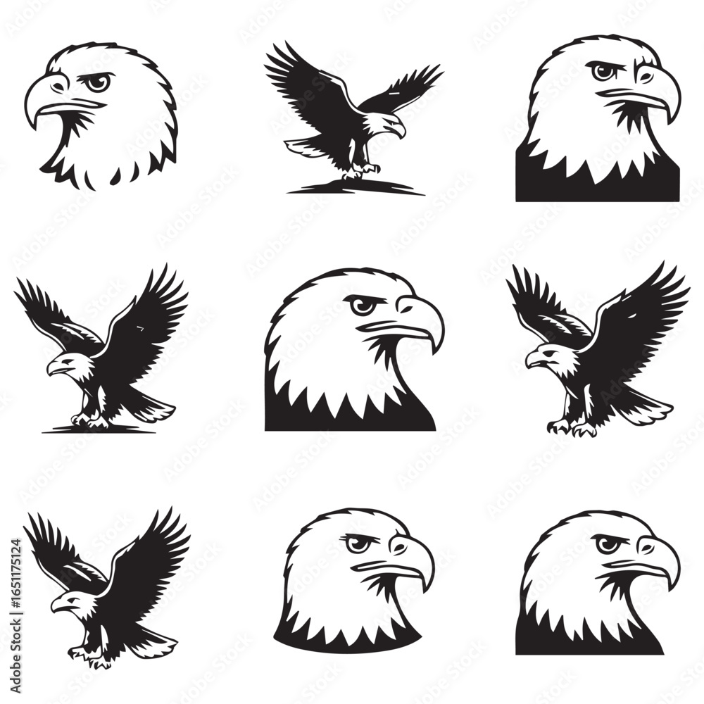Fototapeta premium Collection of majestic eagle head and flying eagle illustrations