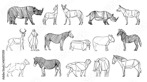 Geometric animal illustration featuring rhino zebra elephant deer and horse line art drawing design vector