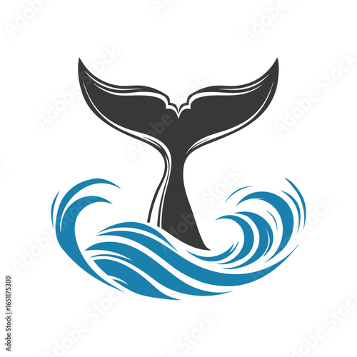 Dark gray whale tail emerges from stylized blue ocean waves on white background fluke