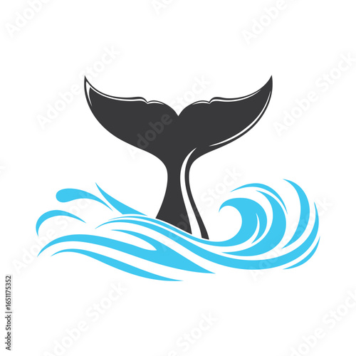 Dark gray whale tail emerging from stylized blue ocean waves fluke