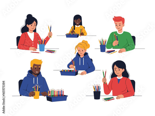 Creative Community: Diverse individuals engaging in a vibrant artistic session, capturing the spirit of creativity and self-expression through pencils and paper.