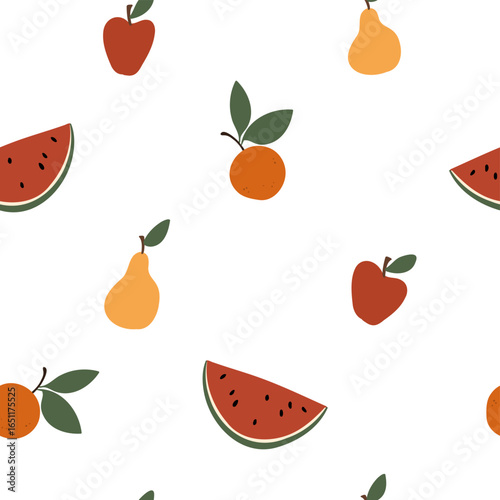 Seamless pattern with fruits on white background — watermelon, apple, pear, orange. Designed in flat vector style with evenly spaced elements for repeat.