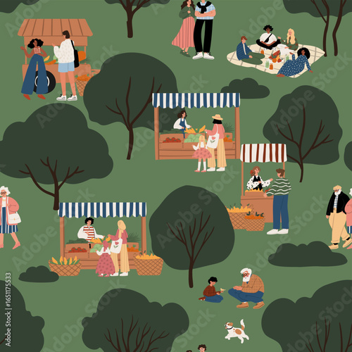 seamless pattern with diverse people at farmers market in park — adults, kids, seniors, couples, picnic, stalls with produce, dog, trees, summer nature scene. Flat vector illustration.