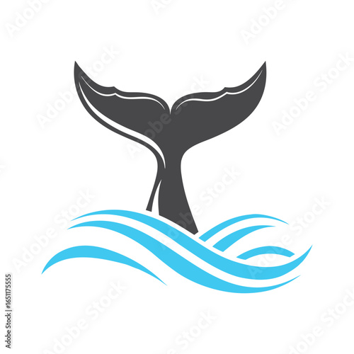 Dark grey whale tail emerges from stylized blue ocean waves on white background fluke