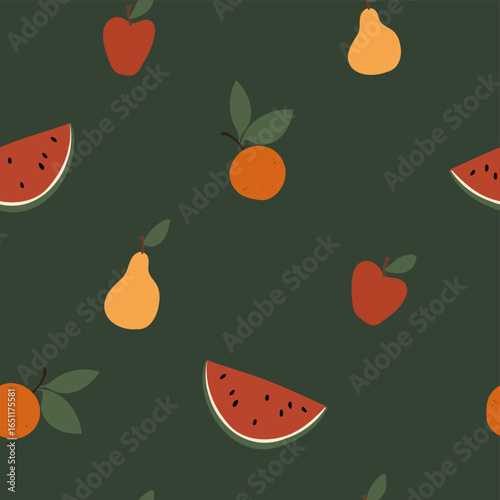 Seamless pattern with fruits on green background — watermelon, apple, pear, orange. Designed in flat vector style with evenly spaced elements for repeat.