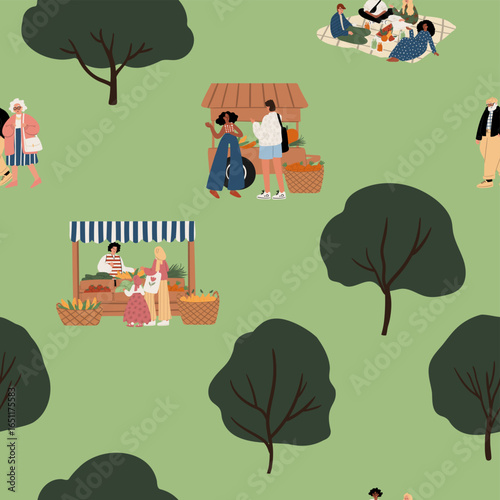seamless pattern with multicultural people at farmers market — Black women, white seniors, kids, fruit stands, picnic on grass, summer trees and local produce. Flat vector illustration.