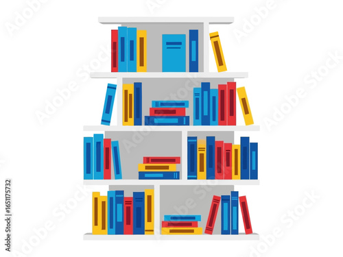 Bookshelf of Knowledge: A neatly organized bookshelf filled with vibrant volumes, inviting readers to explore the world of literature and information.