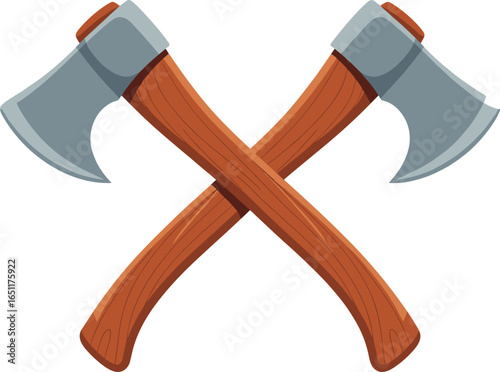 Crossed axes icon, lumberjack tools, cartoon axe illustration, wood chopping, survival gear, medieval weapon, forestry symbol, rustic design, vector clipart