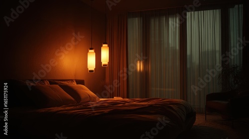 Cozy, warmly lit bedroom setting, dark outside, for real estate or interior design