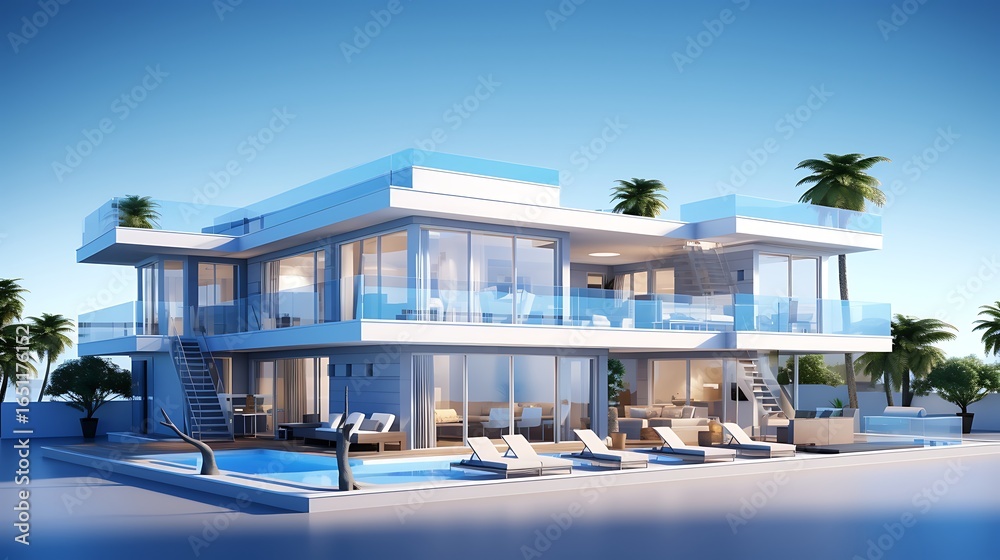 Fototapeta premium Realistic 3D model of a contemporary villa with large balconies, glass railings and rooftop features, layered over blueprint background in rich blue, clean composition.