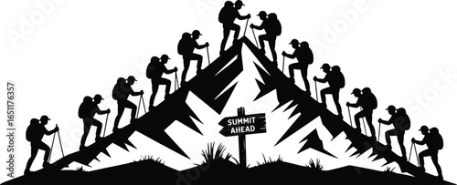 Silhouettes of hikers climbing a mountain peak together