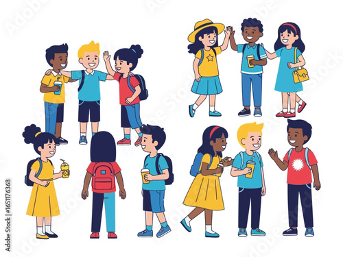 Friendly Farewell: A group of school kids, high-fiving, and waving goodbye, embodying the joy of friendship. and welcoming new beginning, and celebrating childhood moments.