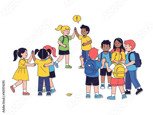Youngsters Celebrate Together: A vibrant illustration captures the spirit of youthful camaraderie as school children engage in high-fives and displays of friendship.