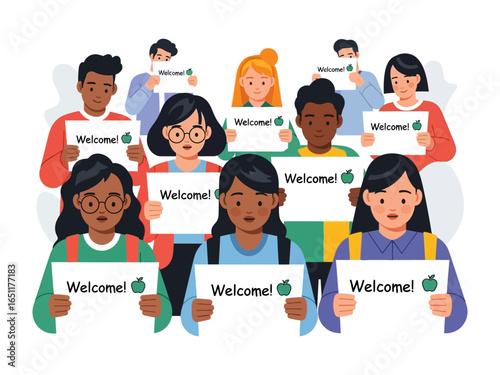 Welcome! Diverse People Holding Welcome Signs: A gathering of diverse individuals extends a warm welcome, each person holding a sign that conveys a welcoming sentiment.