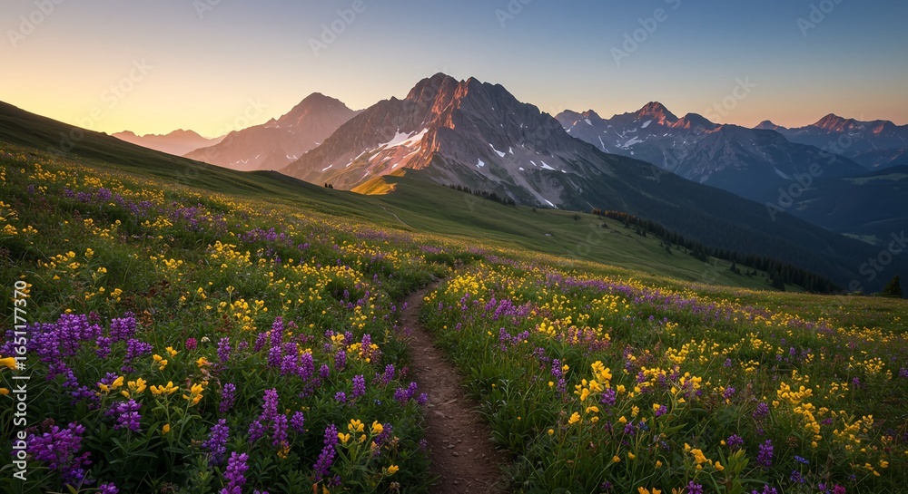Obraz premium A trail leads through a field of wildflowers in the mountains showing a panoramic mountain view from a hiking trail covered in wildflowers