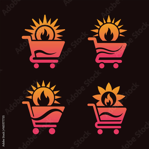 Creative shopping cart logo with sun and fire icon modern gradient design On white Background Vector illustration